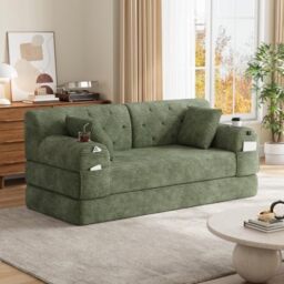 Ball & Cast Folding Sofa Bed 160cm King Size, Convertible Modular Sofa, Corduroy Boneless Couch with Metal Frame, 2 Seater Floor Futon Mattress, Non Slip Base, Washable Cover,Green