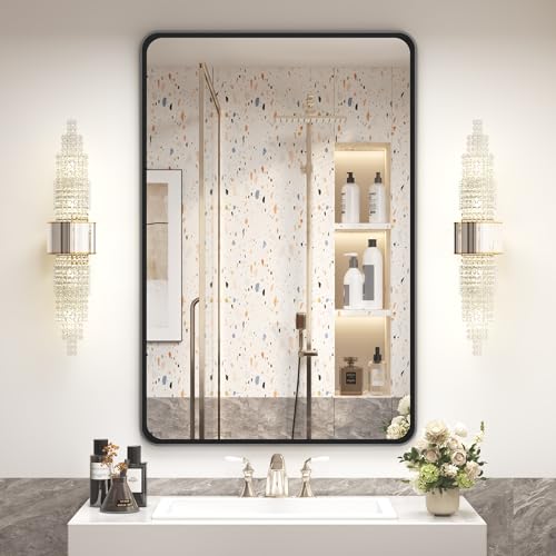 OKPAL 24X36 Inch Black Metal Framed Bathroom Mirror for Wall, Matte Black Rounded Rectangle Mirror Framhouse, Black Bathroom Vanity Mirror with Anti-Rust (Horizontal/Vertical)