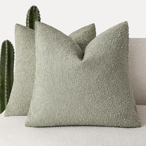 Foindtower Pack of 2, Decorative Textured Boucle Throw Pillow Covers Accent Solid Pillow Cases Cozy Soft Couch Cushion Case for Chair Sofa Bedroom Living Room Home Decor 22x22 Inch Dirty Sage Green