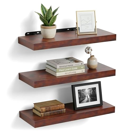 Relaxdays wall shelf, set of 3, HWD: 4 x 60 x 23 cm, wood-effect, metal, for living room, hall, kitchen, brown/black