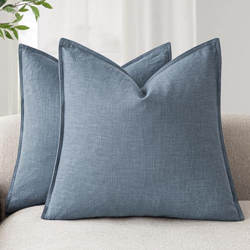 Foindtower Set of 2, Decorative Linen Soild Throw Pillow Covers Soft Accent Euro Cushion Case Boho Farmhouse Neutral Pillowcase for Couch Sofa Bedroom Living Room Home Decor 24 x 24 Inch Misty Blue