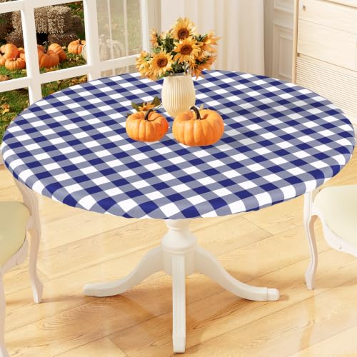 "misaya Round Fitted Tablecloth with Elastic Edge, Buffalo Plaid Waterproof Vinyl Flannel Backed Table Cloth Cover Fits 45""-56"" Round Tables for Dinner, Outdoor, Picnic, Navy White Check"