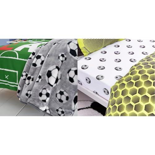 Catherine Lansfield Kids Cosy Football Fleece 120x150cm Blanket Throw Grey & Kids Football Single Fitted Sheet Black/White