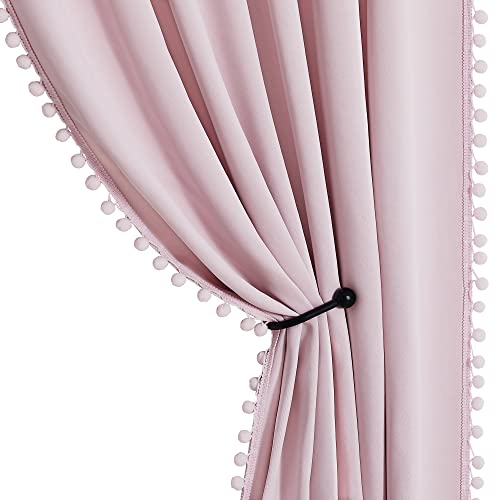StangH Blackout Curtains for Nursery Girls Room, Pink Pompom Room Darkening Curtain Drapes for Babies, Short Cute Curtains for Kitchen/Small Window, W52 x L63, 2 Panels, Blush Pink