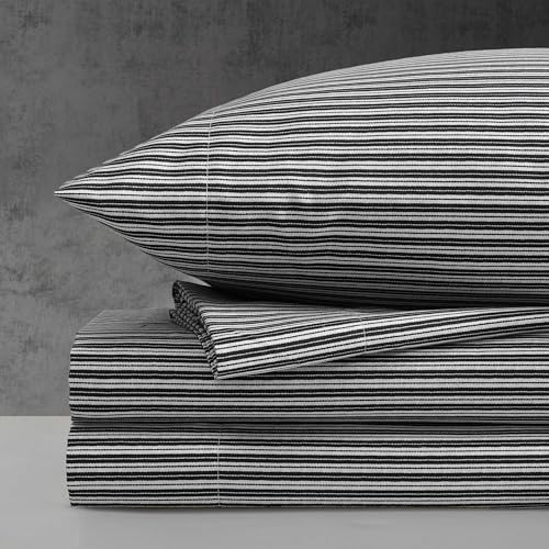 Kenneth Cole - Queen Sheet Set, Super Soft Wrinkle-Resistant Bedding with Bonus Pillowcases, Striped Home Decor, Oeko-Tex Certified (Twill Stripe Texture Black, Queen)