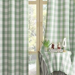 "Curtains for Windows Buffalo Check Drapes Plaid Gingham Pattern Rod Pocket Cotton Curtain Panels 80 inch Length Farmhouse Kitchen Curtains 2 Panels Living Room Bedroom Basement Green White 52""x80"""