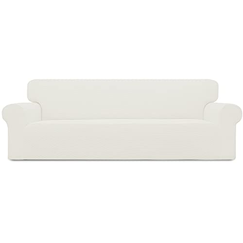 Easy-Going Stretch 4 Seater Sofa Slipcover 1-Piece Sofa Cover Furniture Protector Couch Soft with Elastic Bottom for Kids, Polyester Spandex Jacquard Fabric Small Checks Cream
