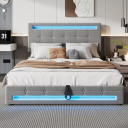 Ball & Cast Double Ottoman Bed Frame 135×190 cm with Charging Station & LED Lights, Upholstered Platform Bed frame with Under-bed Storage and Storage Headboard, No Box Spring Needed,Grey,Velvet