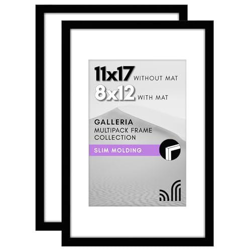 Americanflat 11x17 Picture Frame Set of 2, Black, Displays 8x12 Photos With Mat and 11x17 Without Mat, Plexiglass Cover, Sawtooth Hanger for Horizontal or Vertical Display