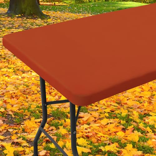 "Moosfor Spandex Picnic Table Cloth, Elastic Fitted Tablecloths for 6 Foot Rectangle Tables, Stretch Washable Patio Table Cover for Outdoor, Camping, Banquet and Parties (Rust, 30""x72"")"