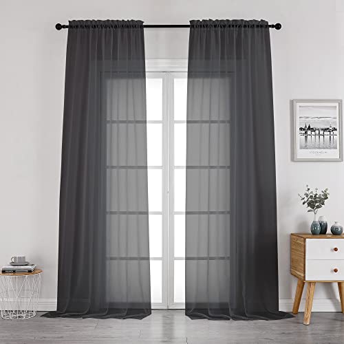 OWENIE - Black Sheer Curtains 96 Inches Long Elegant Sheer Curtains for Bedroom Voile Sheer Curtain Panels Window Treatment/Drapes for Living Room