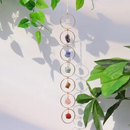 Pozbee 7 Chakra Crystal Hanging Ornament, Unique, Spiritual Boho Wall Decor, Raw Chakra Stones Amethyst Suncatcher, Rose Quartz Healing Crystal (Gold)