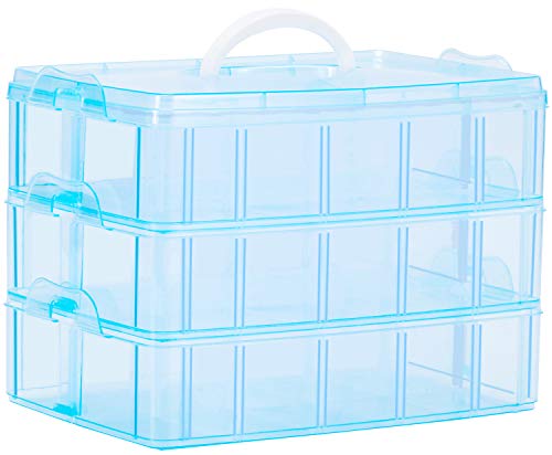 Sooyee Craft Storage Organizer,Hot Wheels Case,Sewing Box,3-Tier Plastic Organizer Box with Dividers, Storage Containers for Organizing Art Supplies, Fuse Beads,Washi Tape, Kids Toy,Blue