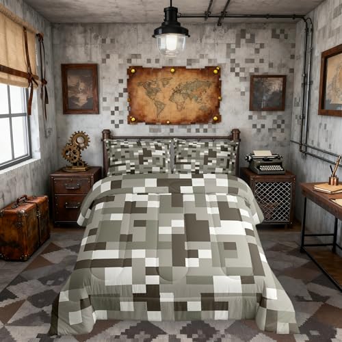 Miner Pixel Checked Kids Comforter Set Twin Size,Cartoon Gamepad Video Games Bedding Set Boys Room Decor,Geometric Grid Patchwork Quilt Comforter,Gray White Duvet Set Bedroom Quilt Set,1 Pillowcase