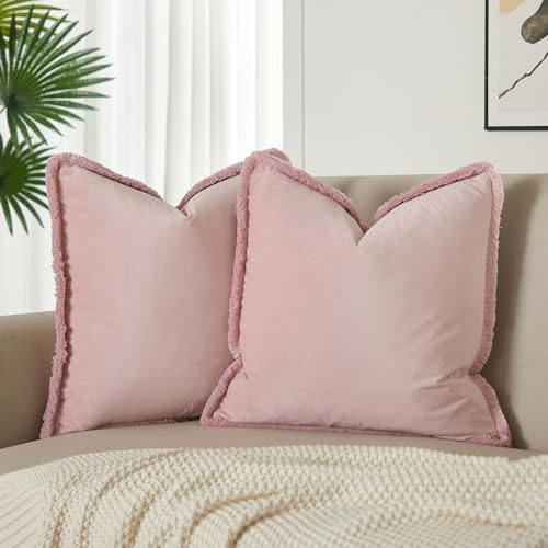 JUSPURBET Pink Velvet Throw Pillow Covers 18x18 Inch Set of 2 with Soft Tassel Fringe Luxury Boho Pillowcase for Sofa Couch Bed Home Decor Machine Washable