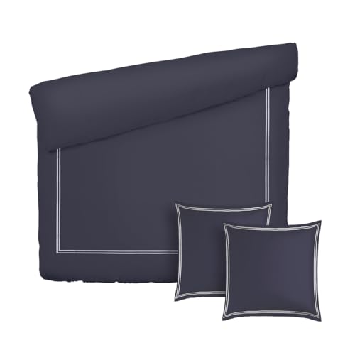 PURE COTTON 3-Piece Double Bed Linen Set - Duvet Cover 200 x 220 cm & 2 Pillowcases 80 x 80 cm - 100% Cotton Satin, 80 Thread Count, 120 GSM - OEKO-TEX Certified - Silhouette - White/Dark Blue