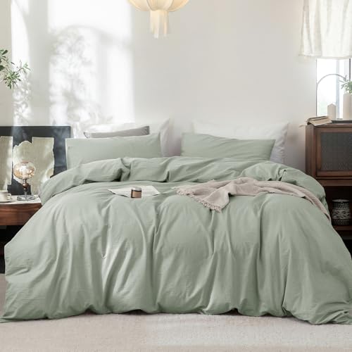 FOSSA Duvet Cover Set 100% Washed Cotton Linen Feel Super Soft Breathable Cozy 3 Pieces Bedding Sets Solid Sage Green Queen