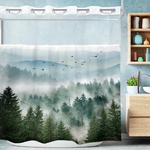 "Riyidecor No Hook Green Snap Liner Nature Bathroom Shower Curtain Set - 72""W x 72""L shower curtain??? Mountain Hookless: HD waterproof print, quick-dry cloth, free hooks for easy installation."