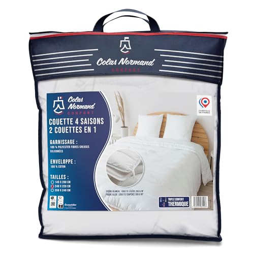 COLAS NORMAND – 4 Seasons Duvet – 2 Duvets in 1 with Ties – Light and Temperate – 100% Cotton – 240 x 220 cm – Ideal for All Seasons – Made in France