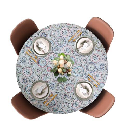 Covers for the Home Elastic Edged Flannel Backed Vinyl Fitted Table Covers (Large Round, Multi-Color Geometric)