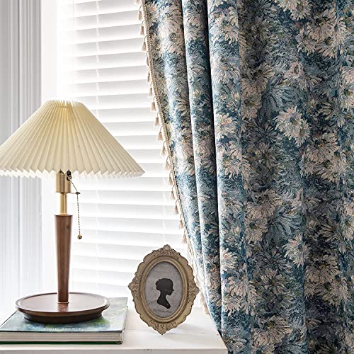 "ENJOYBRIDAL 80"" Long Blue Floral Curtains 2 Panel Semi Sheer Curtains for Living Room Rustic Bohemian with Rod Pocket, Tassel Window Curtain Panels,"