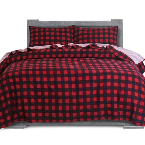 Elegant Comfort Soft 4-Piece 100% Turkish Cotton Flannel Sheet Set - Premium Quality, Deep Pocket Fitted Sheet, Ultra Soft, Cozy Warm and Anti-Pill Flannel Sheets - King, Buffalo Check Burgundy
