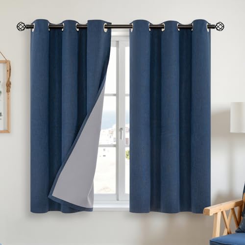 YoungsTex Linen Blackout Curtains for Bedroom, Full Light Blocking Burlap Textured Drapes for Living Room Farmhouse Thermal Insulated Blinds with Grommet, Navy, 2 Panels, 42 X 45 Inch