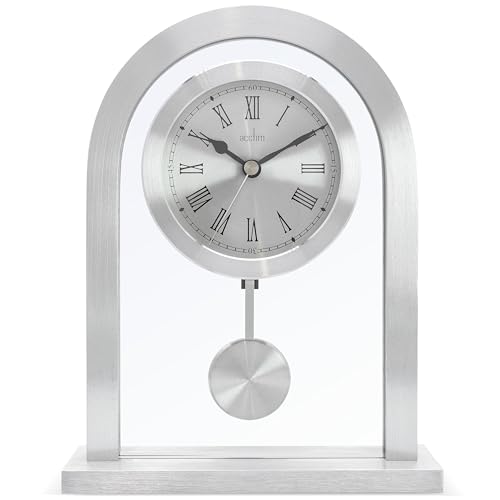 Acctim Bathgate Modern Mantel Clock with Pendulum, Brushed Metal Silver Carriage Clock for Living Room, Glass Mantelpiece Clock with Roman Dial, Elegant Fireplace Shelf Clock