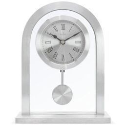 Acctim Bathgate Modern Mantel Clock with Pendulum, Brushed Metal Silver Carriage Clock for Living Room, Glass Mantelpiece Clock with Roman Dial, Elegant Fireplace Shelf Clock