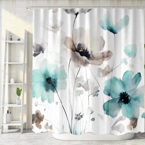 Sanzugh Boho Floral Shower Curtain, Cream Tan Beige Teal Grey White Flower Farmhouse Fabric Shower Curtains Set for Bathroom Decorative with Hooks 60 X 72 inch Spring Bath Decor