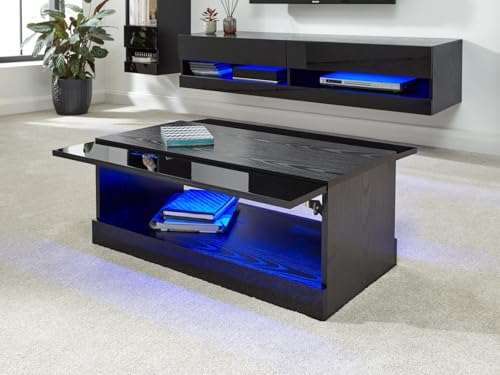 GFW Galicia Coffee Table with LED, Black High Gloss Lift Top Coffee Table with Hidden Storage and LED Light, Modern Living Room Furniture