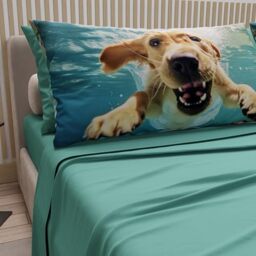 PETTI Artigiani Italiani - Animal Bed Linen with Dogs in Cotton with Pillowcases in Digital Print, Double Bedsheets, Double Bed Set, Teal Blue, 100% Made in Italy