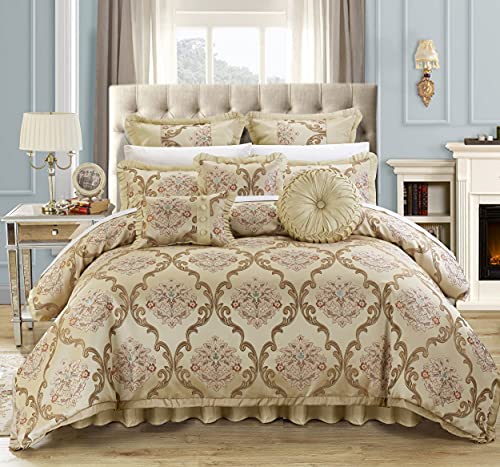 Chic Home 9 Piece Aubrey Decorator Upholstery Quality Jacquard Scroll Fabric Bedroom Comforter Set & Pillows Ensemble, Queen, Beige