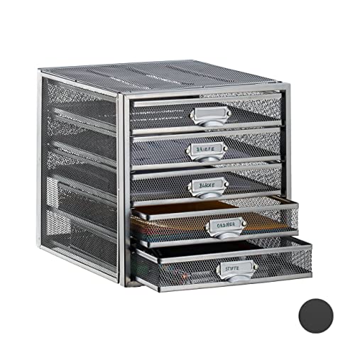 Relaxdays Desk Organiser, 5 Drawers for DIN A4 Files, Letter Tray and Paper Sorter, Mini Chest of Drawers, Silver