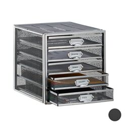 Relaxdays Desk Organiser, 5 Drawers for DIN A4 Files, Letter Tray and Paper Sorter, Mini Chest of Drawers, Silver