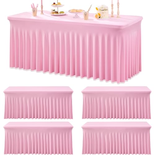 Htper 4pk Spandex Tablecloths for 6 Foot Rectangle Tables, Pink Stretch Table Cloth 6ft Fitted Table Cover Desk Skirt for Parties Weddings Birthday Banquet Baby Shower