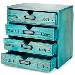 Turquoise 4-Tier Drawer Unit - Teal European Country Style Desk Organizer Box - 9.7x7x10 Wooden Stackable Drawers - Countertop Organizer Drawers w/Label Holder - 4-Level File Drawer Unit