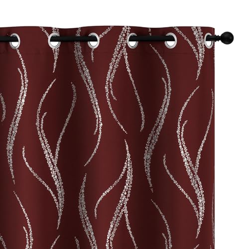 Yakamok Blackout Curtains 63 inch Length Living Room Thermal Insulated Silver Wave Line Dots Pattern Curtains Room Darkening Grommet Curtains for Bedroom, Burgundy, W62 x L63-inch, 2 Panels
