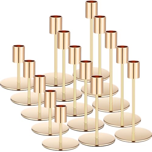 15 Pcs Candle Holders Set Matte Candlesticks Holders Decorative Taper Candle Holders Modern Metal Candelabras for Wedding Dinning Anniversary Home Christmas Party Decor Table Centerpiece (Gold)