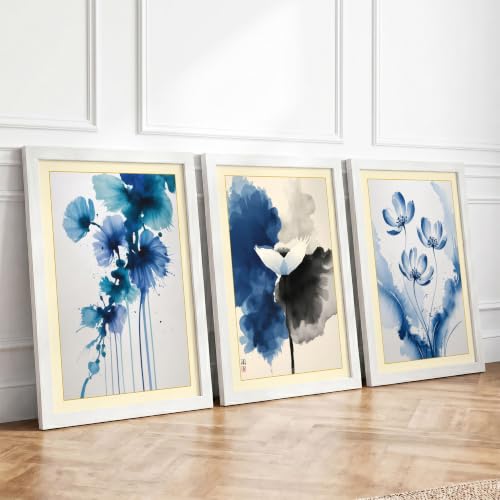 Blue Watercolour Blooms Botanical Set of 3 Framed Wall Art Prints A3