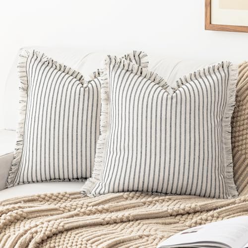 YEENAASY Striped Farmhouse Throw Pillow Covers 18X18 Set of 2 Boho Pillow Cover with Fringe Tassel Chic Cotton Decorative Pillows Modern Neutral Square Cushion Pillowcase for Sofa Couch Bed, Black