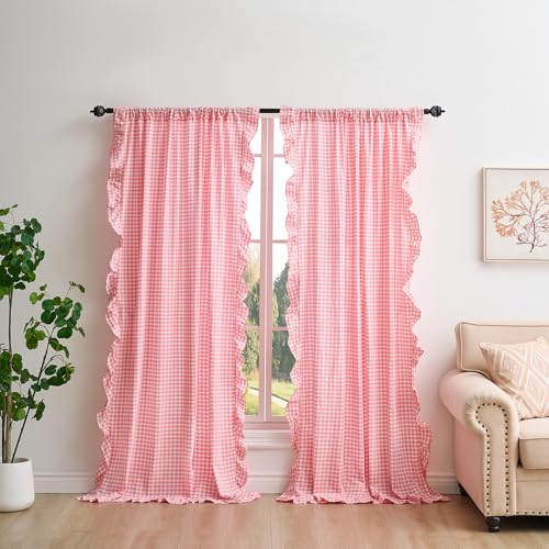 K MASANIJI Coral Pink White Plaid Gingham Ruffle Curtains 2 Panels, 100% Washed Cotton Drapes for Bedroom Living Room Doorway Shabby and Chic Window Treatment Rod Pocket, W52???xH84