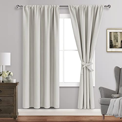 JIUZHEN Blackout Curtains for Bedroom??? Thermal Insulated,Noise Reducing Room Darkening Rod Pocket Curtains for Living Room, Set of 2 Panels with Tiebacks, 42 x 72 inch Long, Ivory