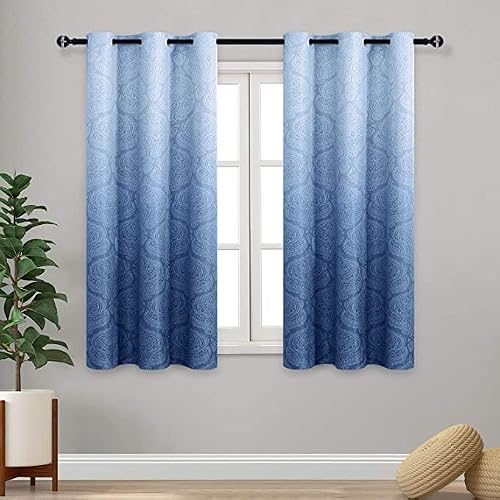 DWCN Blue Ombre Short Curtains for Kitchen - Damask Patterned Thermal Insulated Blackout Room Darkening Grommet Curtains for Living Room, Set of 2 Window Curtain Panels, 46 x 54 Inches Long, Navy Blue