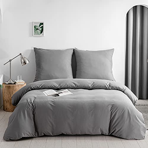 KONO DC-2 Set 135 GY Brushed Microfibre Duvet Cover with Zip Tieback + Pillowcases 80 x 80 cm with Envelope Closure (Grey, 135 x 200 cm + 80 x 80 cm x 1 Piece)