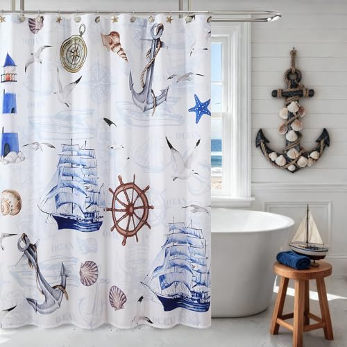 "DS BATH Nautical Shower Curtain for Bathroom, Blue White Coastal Anchor Compass Sailboat Lighthouse Shower Curtain, Waterproof Washable Beach Ocean Decorative Bathroom Curtain, 72"" W x 72"" H"