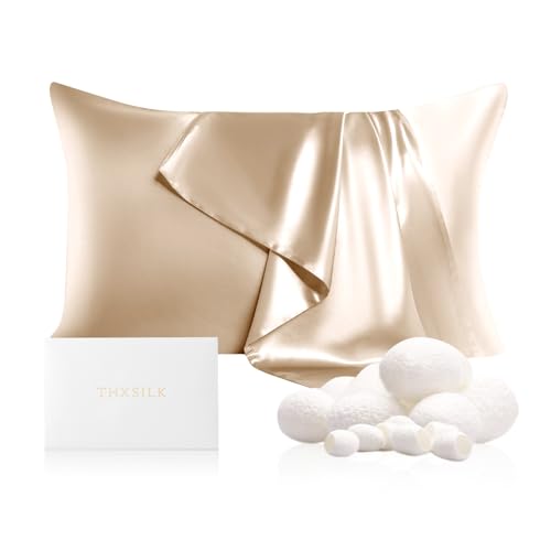 "THXSILK 100% Mulberry Silk Pillowcase for Hair and Skin, Grade 6A Mulberry Silk Pillow Cases 22 Momme, Natural Silk Pillow Case Cover with Zipper, 1pc (Queen 20""x30"", Beige)"