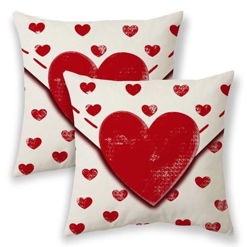 BETGINY Valentines Pillow Covers 18x18, Cream Red Love Heart Envelope Pattern Outdoor Decorative Throw Pillows for Couch, Anniversary Decor Cushion Cover 2 Pcs Farmhouse Linen Pillowcase for Bed Safa