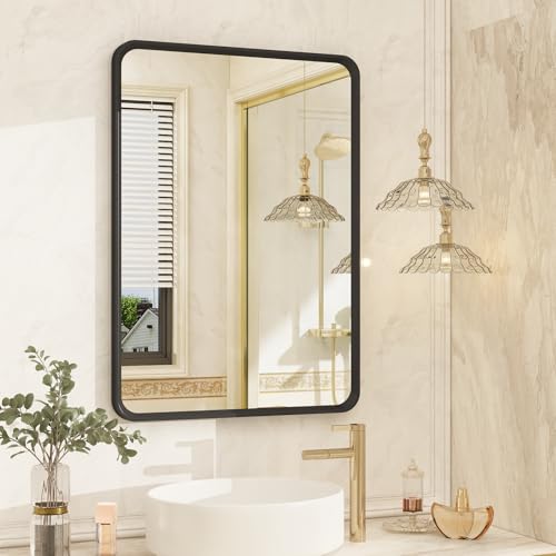 OKPAL 16X24 Inch Black Bathroom Mirror for Vanity, Matte Black Metal Framed Mirror, Rounded Rectangle Bathroom Mirror for Farmhouse, Anti-Rust, Beveled Border (Horizontal/Vertical)