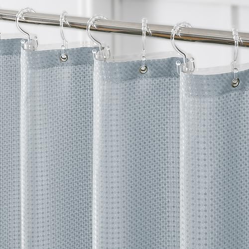 QIYI 3 in 1 Shower Curtain Set, Fog Blue Waffle Shower Curtain and Liner Set with 12 Double Shower Curtain Hooks, Waterproof Fabric Hotel Bathroom Curtain & PEVA Liner & Clear Plastic Rings, 72 x 72